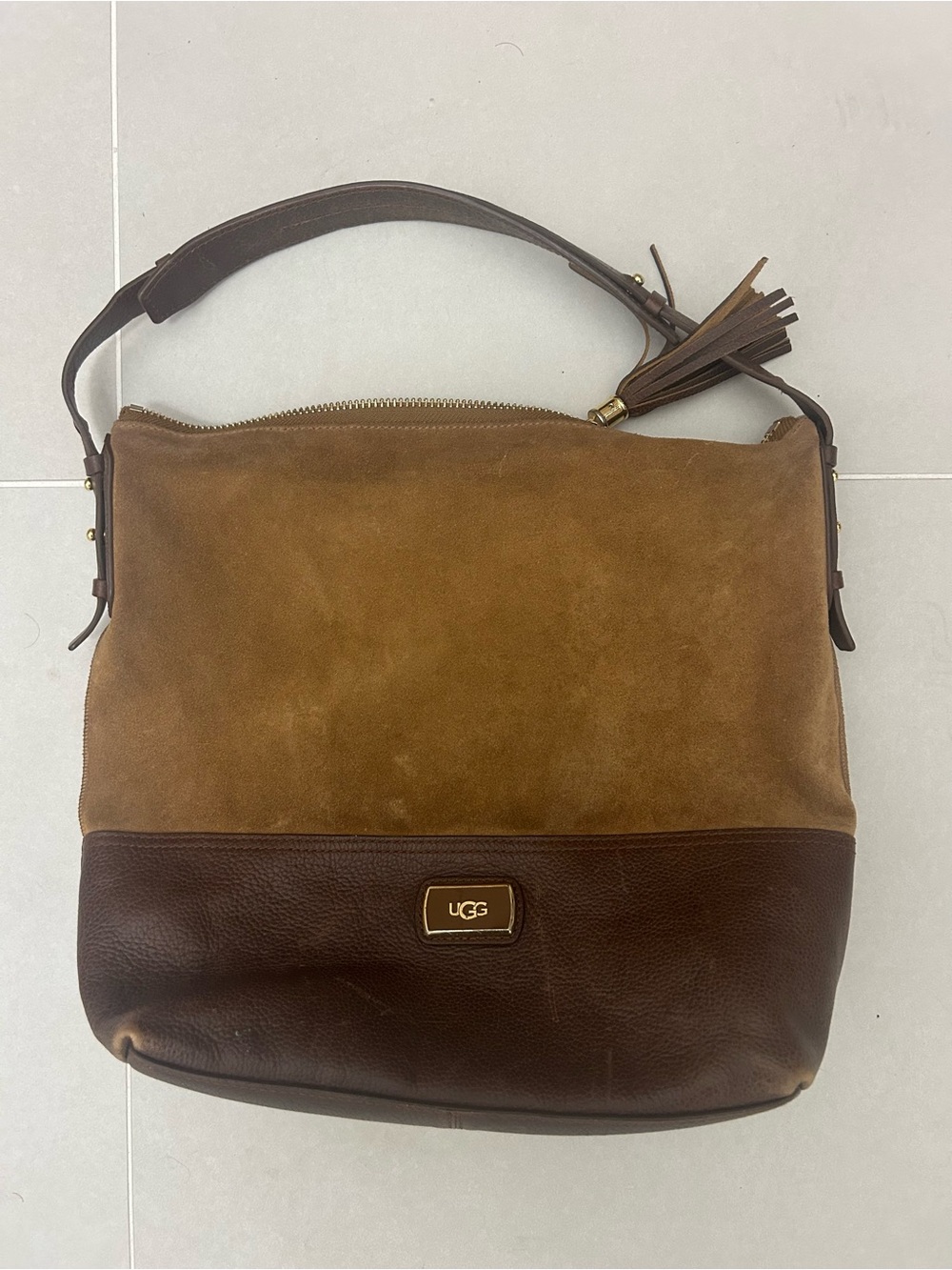 Vintage UGG Women’s Two-Tone Brown Suede and Dark Brown Leather Messenger Bag
